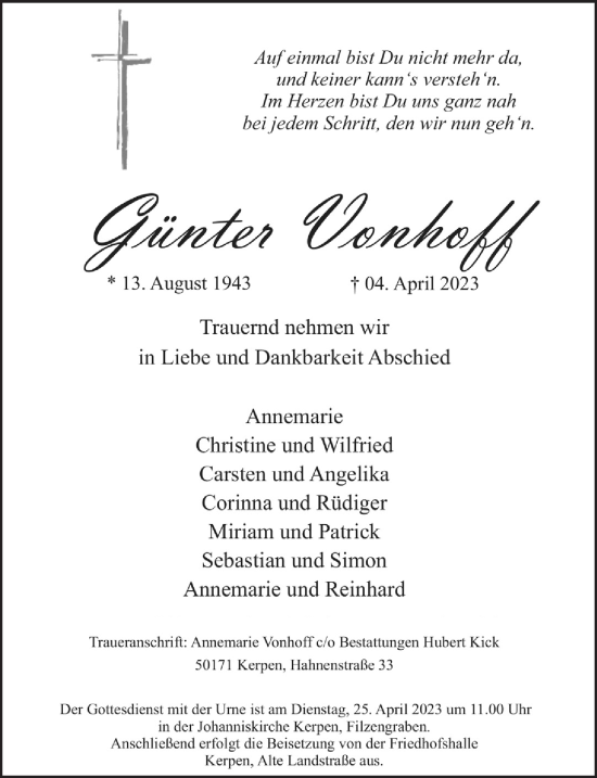Anzeige von Günter Vonhoff von  Werbepost 