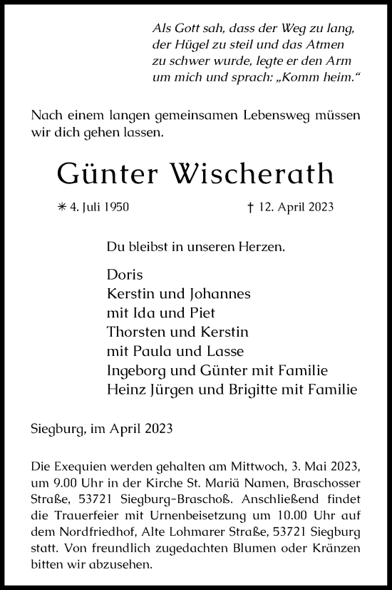 Anzeige von Günter Wischerath von Kölner Stadt-Anzeiger / Kölnische Rundschau / Express