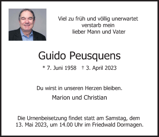 Anzeige von Guido Peusquens von Kölner Stadt-Anzeiger / Kölnische Rundschau / Express
