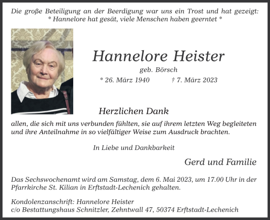 Anzeige von Hannelore Heister von Kölner Stadt-Anzeiger / Kölnische Rundschau / Express