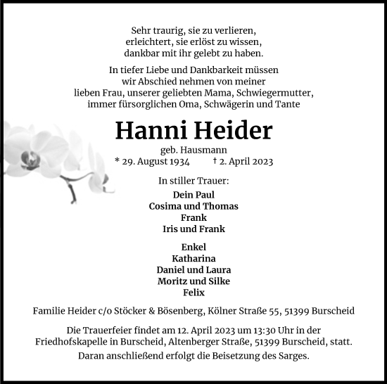 Anzeige von Hanni Heider von Kölner Stadt-Anzeiger / Kölnische Rundschau / Express