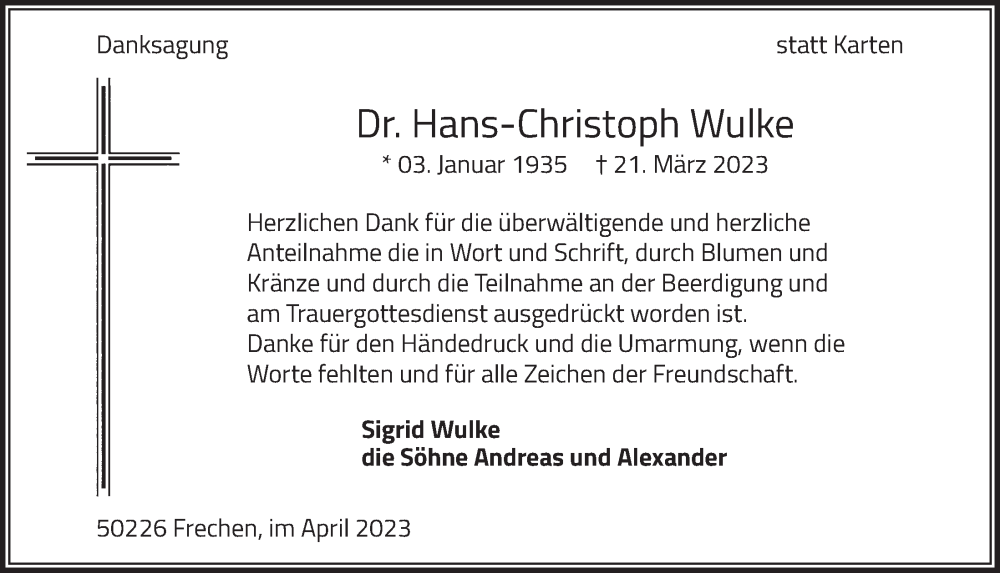  Traueranzeige für Hans-Christoph Wulke vom 18.07.2023 aus  Wochenende 