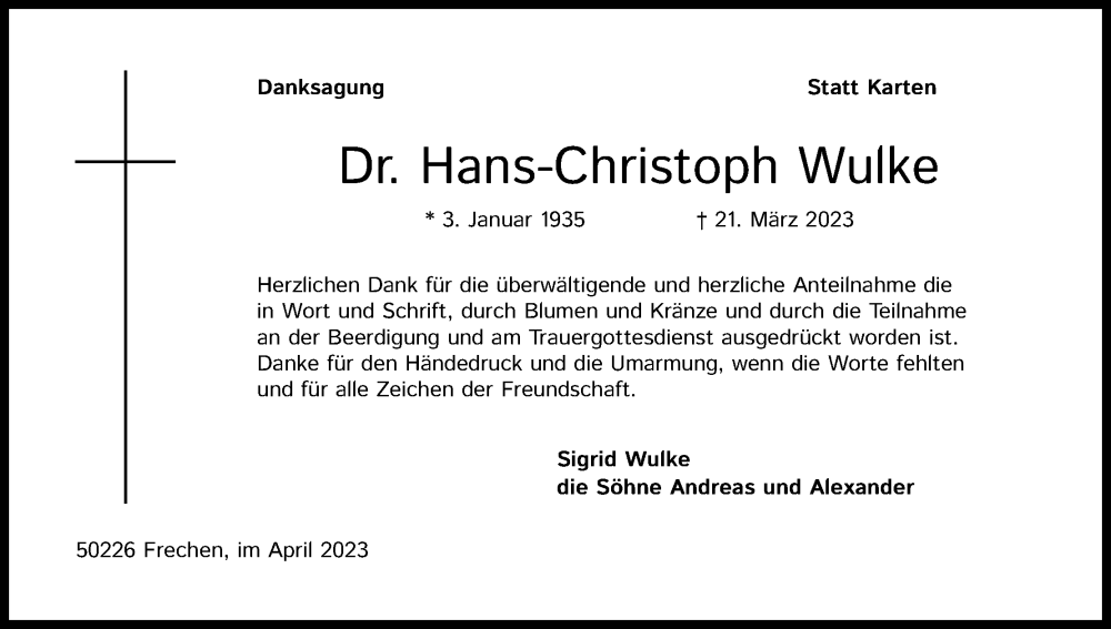  Traueranzeige für Hans-Christoph Wulke vom 18.07.2023 aus Kölner Stadt-Anzeiger / Kölnische Rundschau / Express