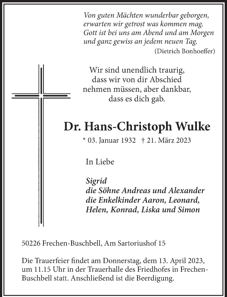  Traueranzeige für Hans-Christoph Wulke vom 31.03.2023 aus  Wochenende 