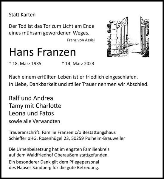 Anzeige von Hans Franzen von  Werbepost 