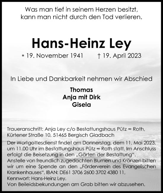 Anzeige von Hans-Heinz Ley von Kölner Stadt-Anzeiger / Kölnische Rundschau / Express