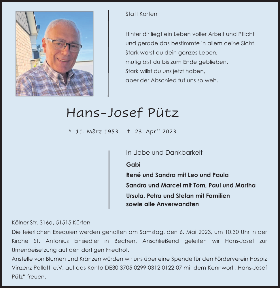  Traueranzeige für Hans-Josef Pütz vom 26.04.2023 aus Kölner Stadt-Anzeiger / Kölnische Rundschau / Express