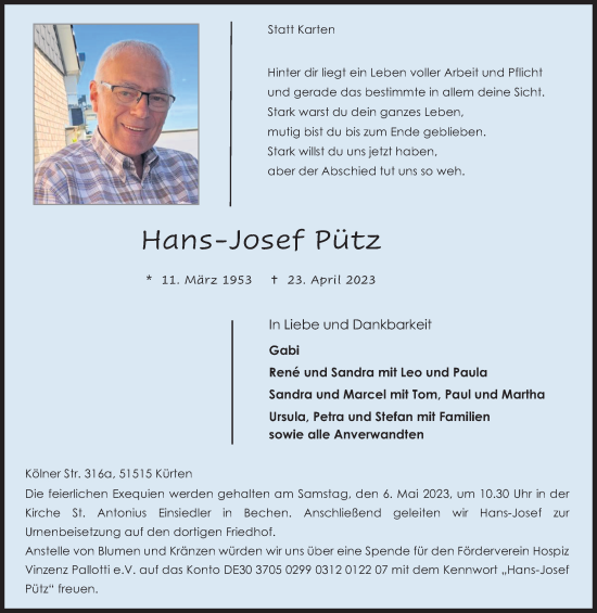 Anzeige von Hans-Josef Pütz von Kölner Stadt-Anzeiger / Kölnische Rundschau / Express