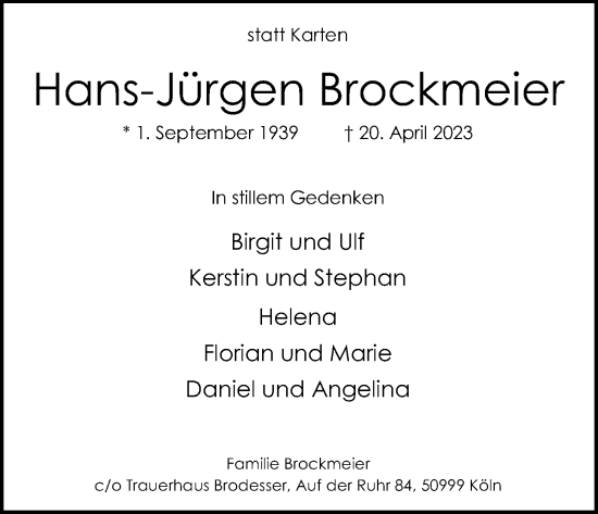 Anzeige von Hans-Jürgen Brockmeier von Kölner Stadt-Anzeiger / Kölnische Rundschau / Express