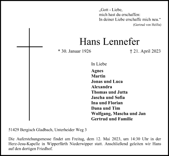 Anzeige von Hans Lennefer von Kölner Stadt-Anzeiger / Kölnische Rundschau / Express