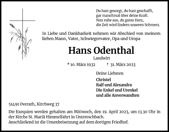 Anzeige von Hans Odenthal von Kölner Stadt-Anzeiger / Kölnische Rundschau / Express