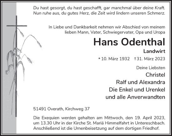 Anzeige von Hans Odenthal von  Bergisches Handelsblatt 