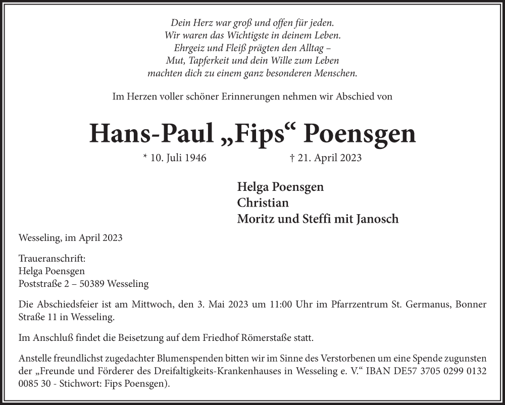  Traueranzeige für Hans-Paul Poensgen vom 28.04.2023 aus  Schlossbote/Werbekurier 