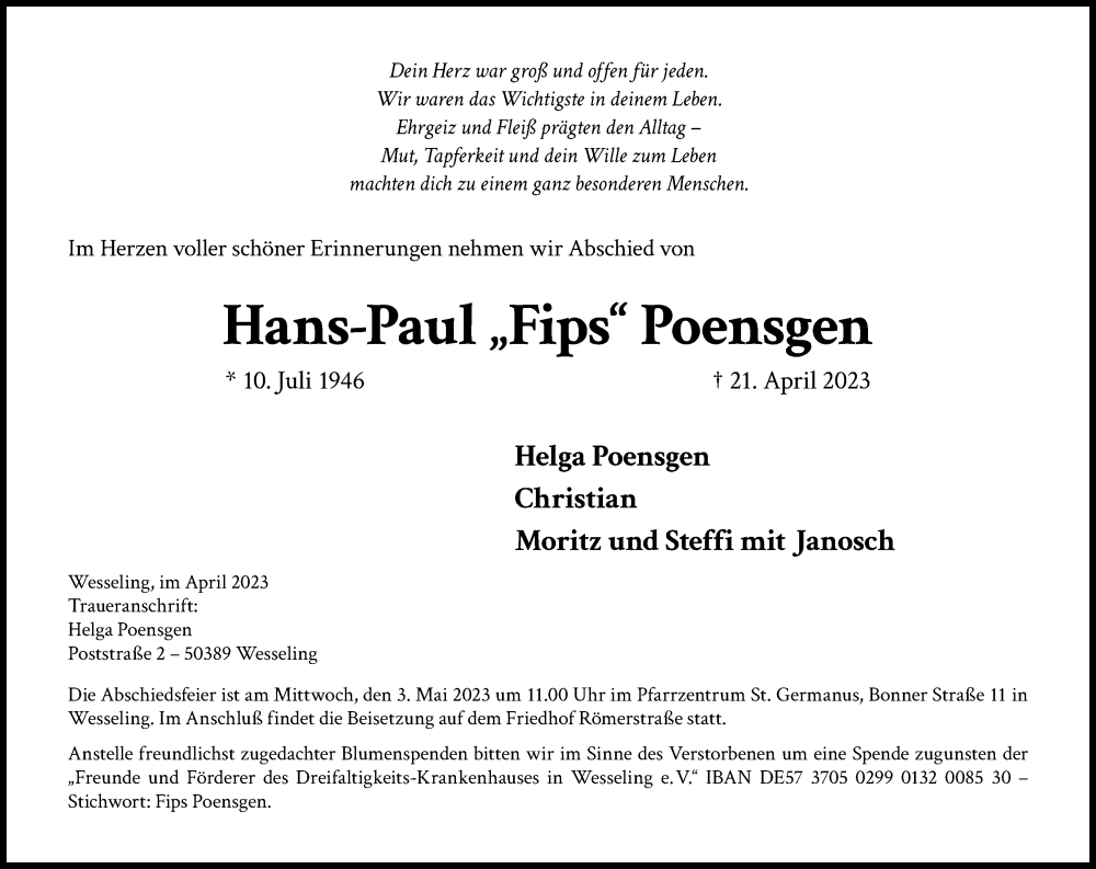  Traueranzeige für Hans-Paul Poensgen vom 27.04.2023 aus Kölner Stadt-Anzeiger / Kölnische Rundschau / Express