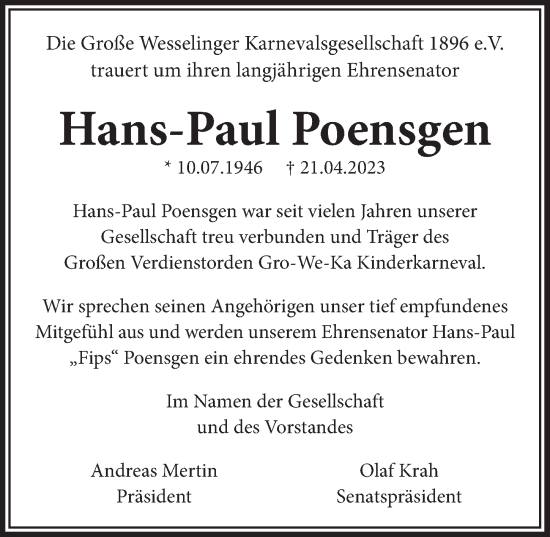 Anzeige von Hans-Paul Poensgen von  Schlossbote/Werbekurier 