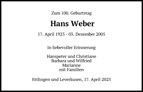 Anzeige von Hans Weber von Kölner Stadt-Anzeiger / Kölnische Rundschau / Express