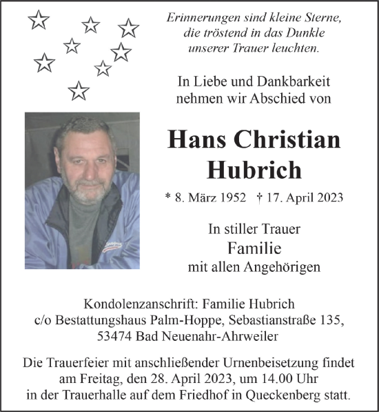 Anzeige von Hans Christian Hubrich von  Schaufenster/Blickpunkt 