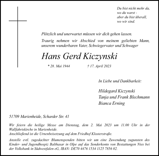 Anzeige von Hans Gerd Kiczynski von Kölner Stadt-Anzeiger / Kölnische Rundschau / Express