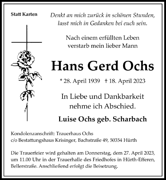Anzeige von Hans Gerd Ochs von  Wochenende 