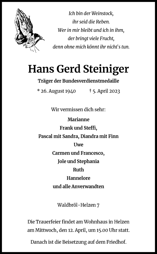 Anzeige von Hans Gerd Steiniger von Kölner Stadt-Anzeiger / Kölnische Rundschau / Express