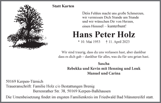 Anzeige von Hans Peter Holz von  Werbepost 