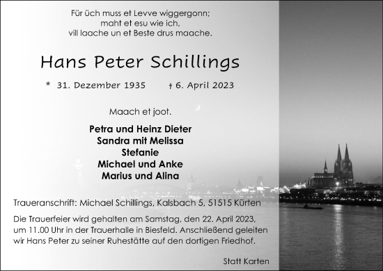 Anzeige von Hans Peter Schillings von Kölner Stadt-Anzeiger / Kölnische Rundschau / Express