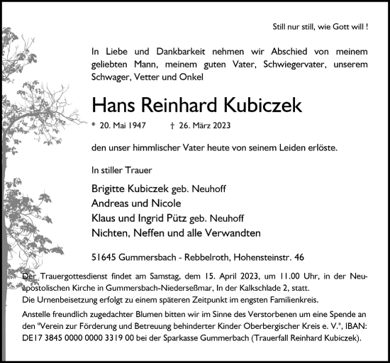 Anzeige von Hans Reinhard Kubiczek von  Anzeigen Echo 