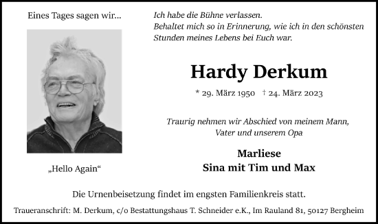 Anzeige von Hardy Derkum von  Werbepost 