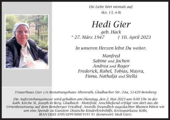 Anzeige von Hedi Gier von Kölner Stadt-Anzeiger / Kölnische Rundschau / Express