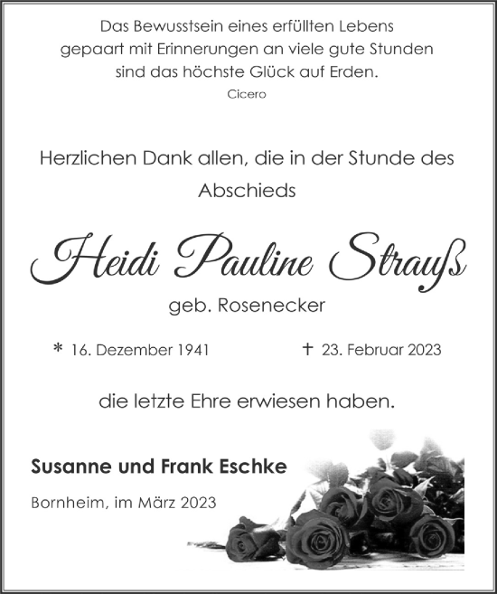 Anzeige von Heidi Pauline Strauß von  Schlossbote/Werbekurier 