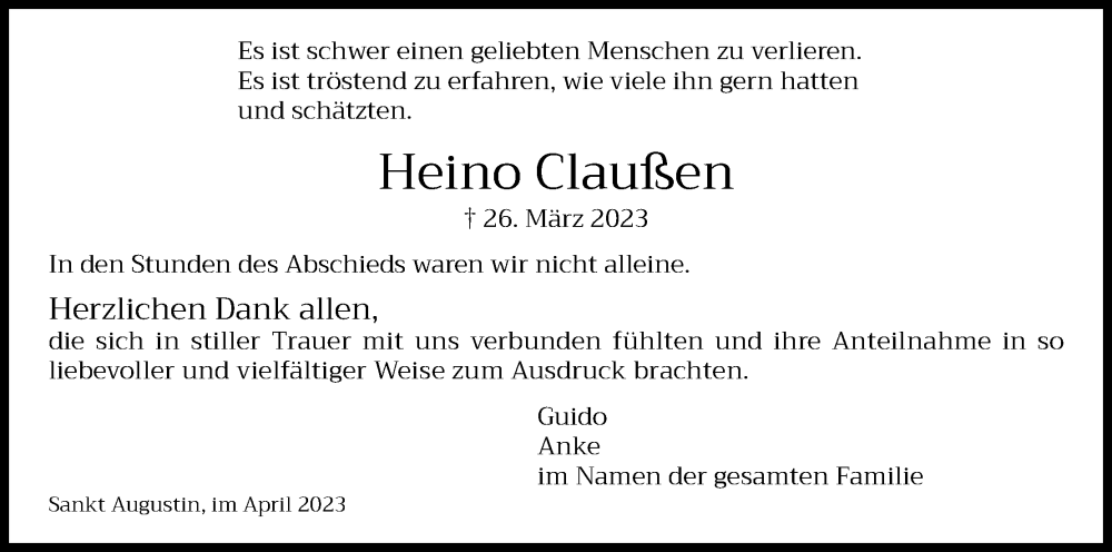  Traueranzeige für Heino Claußen vom 22.04.2023 aus Kölner Stadt-Anzeiger / Kölnische Rundschau / Express
