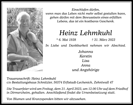 Anzeige von Heinz Lehmkuhl von  Werbepost 