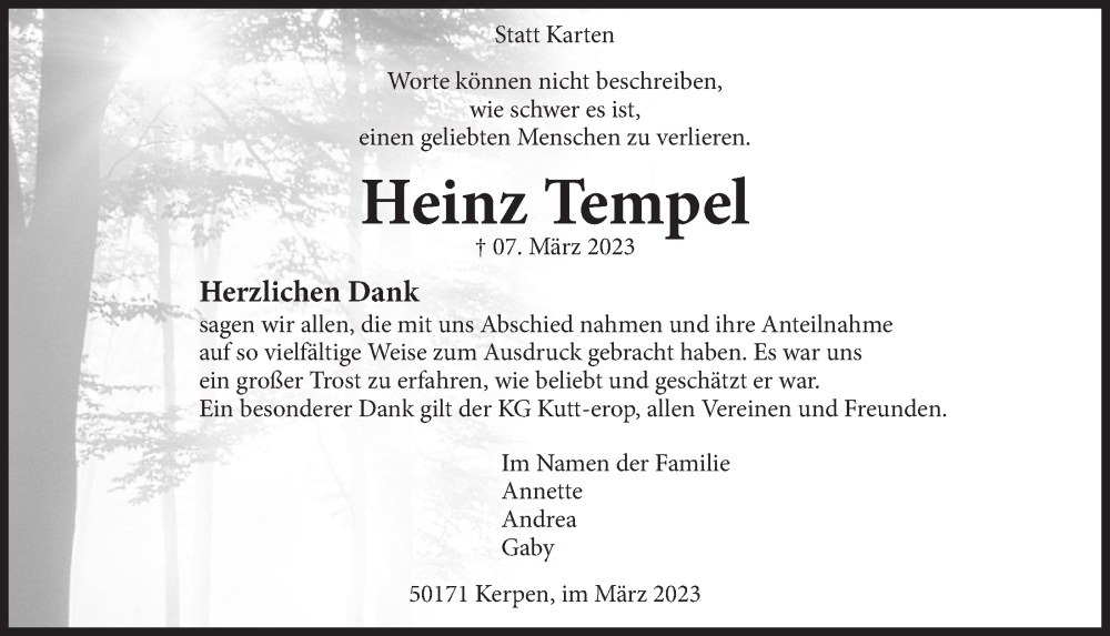  Traueranzeige für Heinz Tempel vom 31.03.2023 aus  Werbepost 