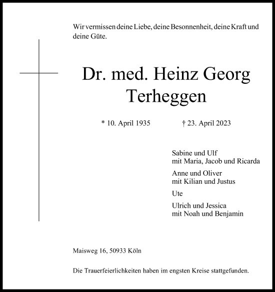 Anzeige von Heinz Georg Terheggen von Kölner Stadt-Anzeiger / Kölnische Rundschau / Express