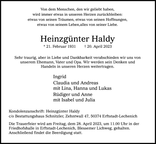 Anzeige von Heinzgünter Haldy von Kölner Stadt-Anzeiger / Kölnische Rundschau / Express