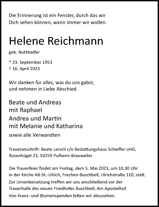 Anzeige von Helene Reichmann von  Wochenende 