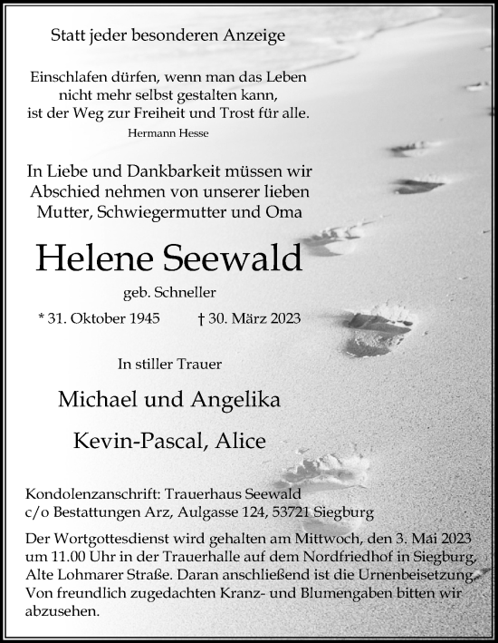 Anzeige von Helene Seewald von Kölner Stadt-Anzeiger / Kölnische Rundschau / Express