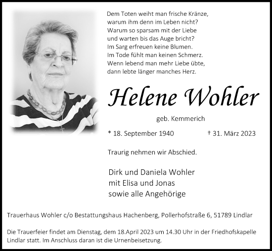 Anzeige von Helene Wohler von Kölner Stadt-Anzeiger / Kölnische Rundschau / Express