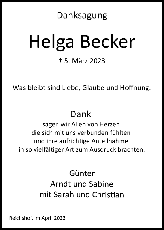Anzeige von Helga Becker von Kölner Stadt-Anzeiger / Kölnische Rundschau / Express