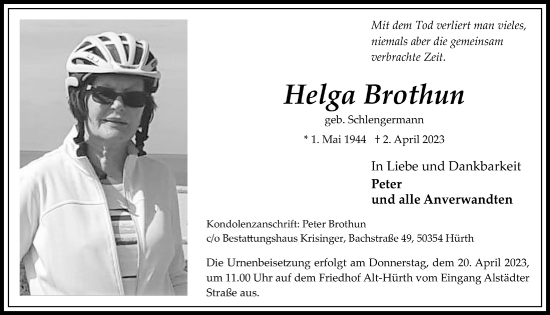 Anzeige von Helga Brothun von  Wochenende 