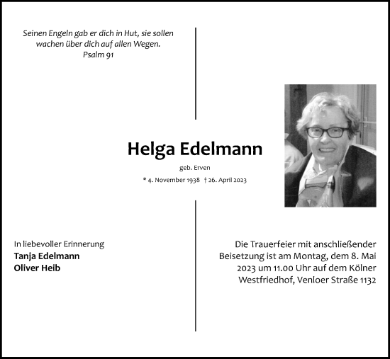 Anzeige von Helga Edelmann von Kölner Stadt-Anzeiger / Kölnische Rundschau / Express