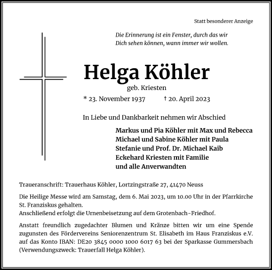 Anzeige von Helga Köhler von Kölner Stadt-Anzeiger / Kölnische Rundschau / Express
