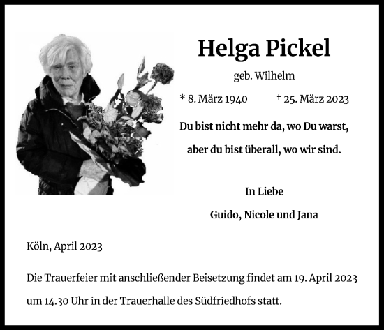 Anzeige von Helga Pickel von Kölner Stadt-Anzeiger / Kölnische Rundschau / Express