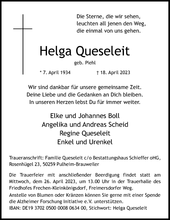 Anzeige von Helga Queseleit von Kölner Stadt-Anzeiger / Kölnische Rundschau / Express