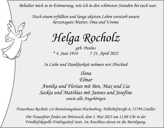 Anzeige von Helga Rocholz von Kölner Stadt-Anzeiger / Kölnische Rundschau / Express