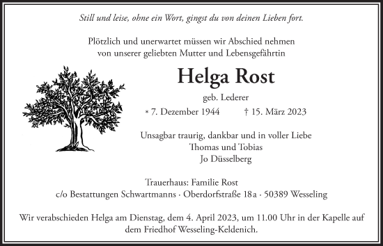 Anzeige von Helga Rost von  Schlossbote/Werbekurier 