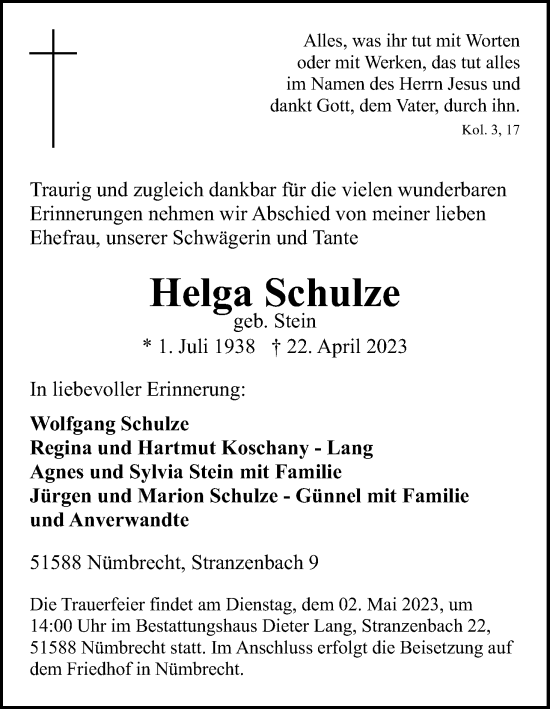 Anzeige von Helga Schulze von Kölner Stadt-Anzeiger / Kölnische Rundschau / Express