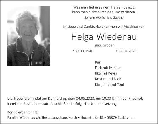 Anzeige von Helga Wiedenau von  Blickpunkt Euskirchen 
