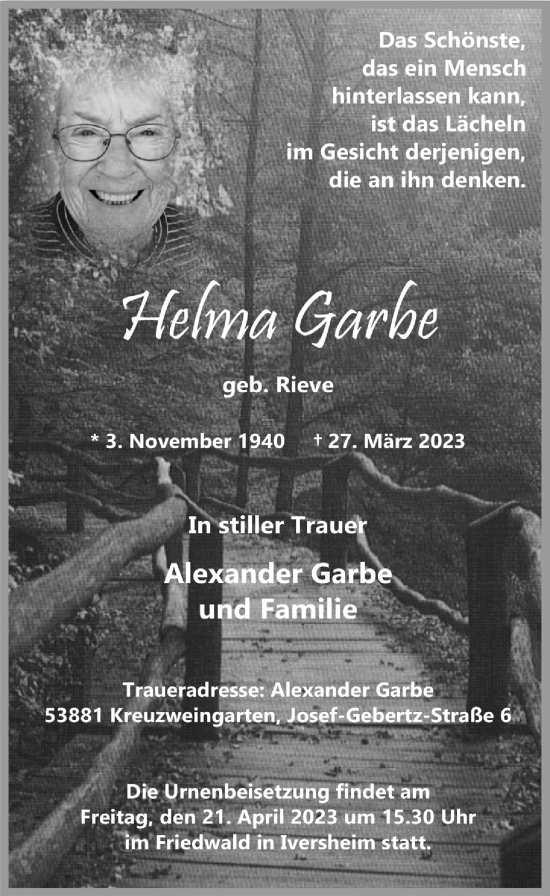 Anzeige von Helma Garbe von  Blickpunkt Euskirchen 