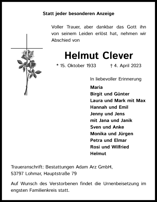 Anzeige von Helmut Clever von Kölner Stadt-Anzeiger / Kölnische Rundschau / Express